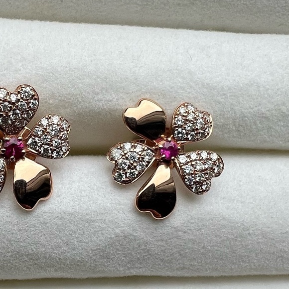 Effy 14K Rose Gold Ruby & Diamond Flower Earrings - Picture 2 of 5